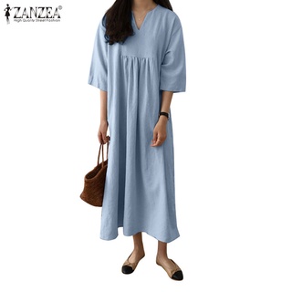 ZANZEA Women Six Quarter Sleeve Casual V Neck Solid Color Maxi Dress