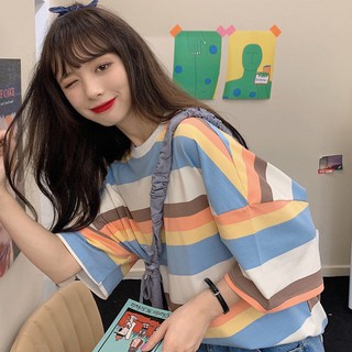 Hyunya bf camiseta de manga corta con rayas de viento para mujer Summer Student versión coreana de suelta ins camiseta de manga media de media manga para novias de moda (9)