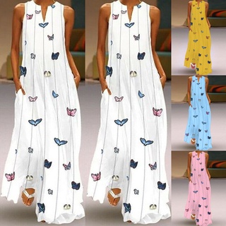 Women Vintage Daily Casual Sleeveless Striped Butterfly Printed Summer Dress