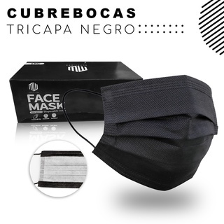 Cubrebocas Tapabocas Tricapa Termosellado Negro Con Caja