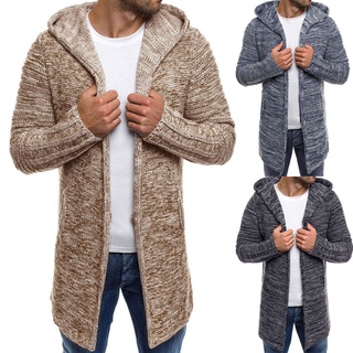 Men's Hooded Solid Knit Trench Coat Jacket Cardigan Long Sleeve Outwear Blouse (1)