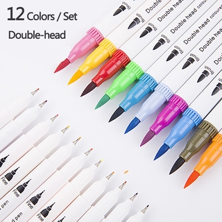12 PCS/LOT Colored Markers Set Double-head highlighter pen Watercolor paint brush Art calligraphy supplies Stationery
