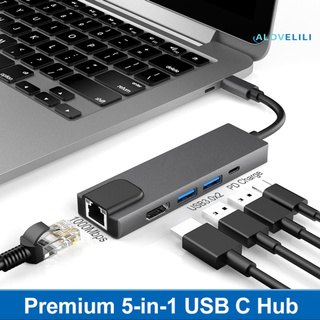 alovelili Portable 5-in-1 Gigabit Ethernet Lan RJ45 Type-C Hub to 4K USB 3.0 PD USB-C Docking Station