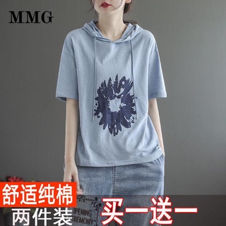 [algodón] 2021 nuevo estilo con capucha cordón de manga corta T-shirt mujeres verano todo-partido casual tops literarios ropa de mujer
