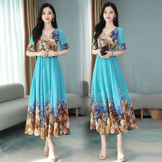 2020La primavera y el veranoVCuello nueva moda estilo coreano vestido estampado de seda de hielo cintura ajustada ajustado ajuste debajo de la rodilla vestido largo (4)
