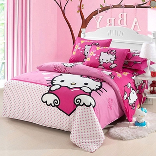 Nuevos juegos de ropa de cama Hello Kitty 4 piezas para niños, funda de edredón, sábana doble, tamaño Queen
