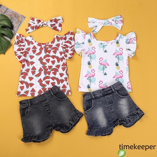 3 piezas de trajes de verano para niñas, sandía/flamingo impresión mosca manga redonda