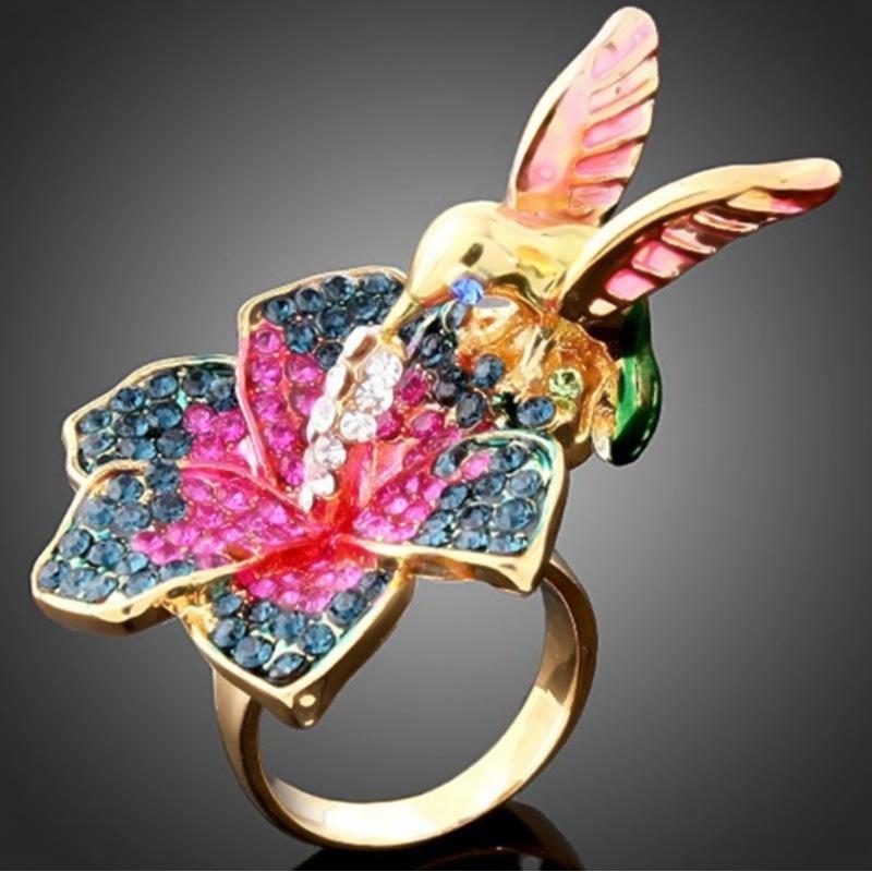 Anillos De Oro SeuSuk Punk Coloridos Esmaltes Flores Y Pájaros Diseño Animal Dorado Para Mujer