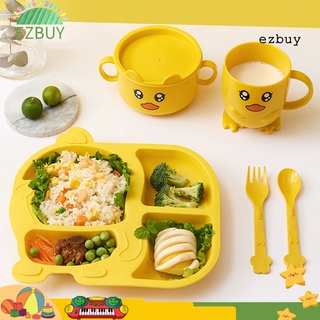 [EY] 5 unids/Set niño de dibujos animados amarillo pato cuadrícula plato bebé tazón cuchara tenedor vajilla