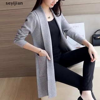 [seyijian] mujeres abrigo salvaje suelto largo prendas de punto cardigan suéter bolsillo de manga larga Chamarra dzgh (7)