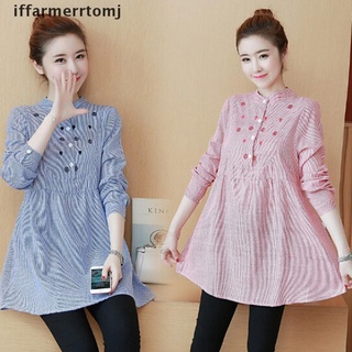 [iffarm] Pregnant Women Top Long Sleeve Casual Striped Embroidered Maternity Top Blouse .