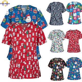 ETXK mujer enfermería exfoliante Tops impreso uniforme feliz navidad flores camisa de manga corta camiseta