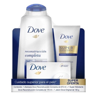 Shampoo Dove Reconstrucción Completa 675 ml + Hidratante Diario 170 ml + Jabon Dove Original 135 gr (1)