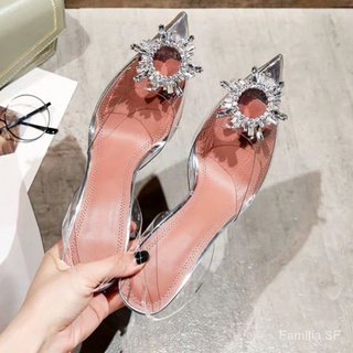 [familia sf] hebilla de taladro transparente de cristal de girasol punta dedo del pie super tacones altos copa de vino tacón zapatos de boda sandalias de gran tamaño para las mujeres