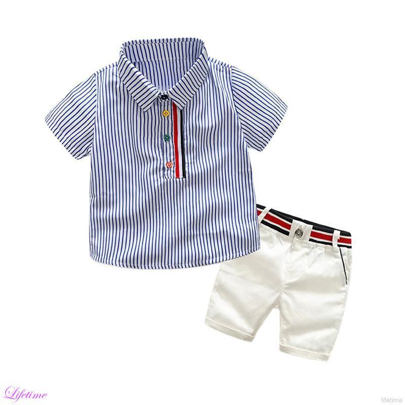 Otoño bebé niño caballeros manga corta conjunto de ropa de algodón rayas camisa+pantalones cortos baju (1)