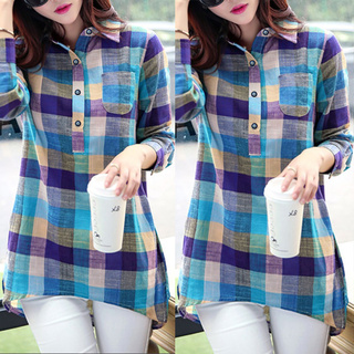 Leiter_mujer Casual coincidencia de Color de manga larga botón suelto camisa a cuadros blusa superior (1)