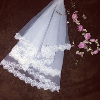 Lidu1 M 1 capa mujeres nupcial blanco largo boda tul velo purpurina lentejuelas bordado flor de ciruela borde matrimonio Color sólido sin peine (4)