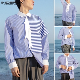 Xman hombres estilo calle ocio manga larga rayas 3D pescado botones camisa holgada