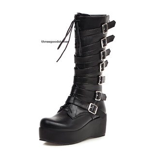 [threegoodstones] Mid Calf Boots Round Toe Chunky High Heel Punk Boots Goth Riding Wedge Boots New Stock