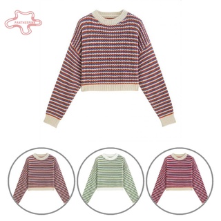 pantherpink Women Long Sleeve O Neck Stripes Knitted Sweater Autumn Short Knitwear Pullover