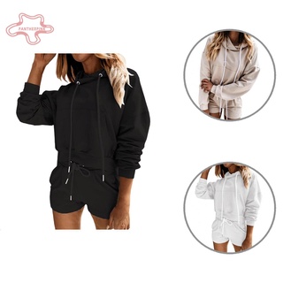pantherpink Women Long Sleeve Hoodie Sweatshirt Shorts Minipants Solid Color Sports Outfit