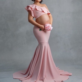 Maternidad Sirena Cola Falda Conjunto Fotografía Un Hombro Volantes Crop Top Embarazo Props Trompeta