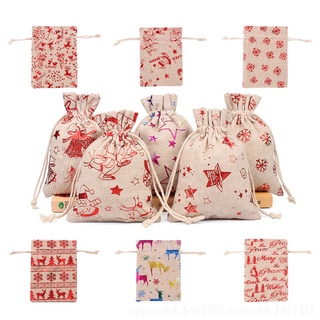 6pcs impresión en color alce arpillera bolsa de regalo de navidad joyería bolsa de boda fiesta decoración cajón bolsa bolsa de bolsita 10x14 13x18cm