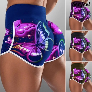 seafeel Summer Women Shorts High Waist Hip Lift Butterfly Print Quick Drying Slim Short Pants for Yoga