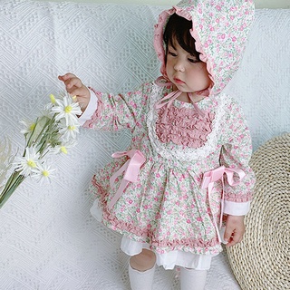 [questre] Vestido De Princesa Con Estampado Floral De Manga Larga Para Bebés Recién Nacidos + Sombrero (1)
