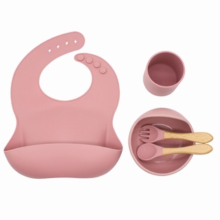 t1rou 5 piezas de bebé de silicona babero taza de succión cuchara tenedor conjunto de entrenamiento de alimentación de alimentos plato plato utensilios de vajilla kit de vajilla para bebés recién nacidos (8)