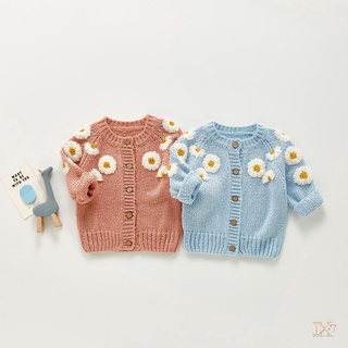 ✨JX-Toddlers Knitted Cardigan, Baby Girls Daisy Embroidery Round Collar Long