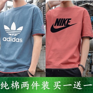 Algodón de los hombres falsos dos de manga corta de algodón T-shirt cuello redondo adolescente fondo camisa suelta tendencia