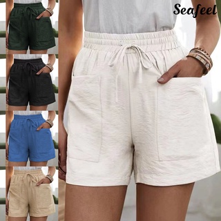 seafeel Women High Waist Pockets Solid Color Elastic Waist Loose Shorts Bottoms for Summer