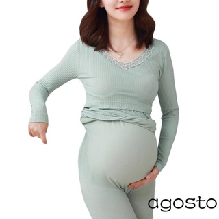 ✭ IP ♧ Mujeres Embarazadas Lactancia Materna Ropa Interior Traje , Manga Larga Color Sólido Cuello En V Tops + Cintura Elástica Pantalones Conjunto (2)