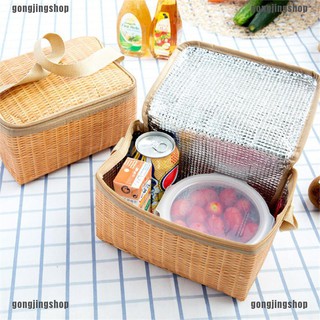 Gj portátil de ratán bolsa de almuerzo impermeable térmica de alimentos caja de almacenamiento de bolsas de almuerzo
