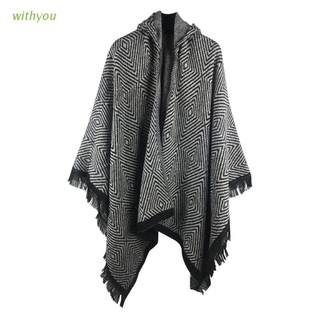 withyou mujer Vintage rombo punto con capucha cabo flecos borla Poncho chal caliente Cardigan