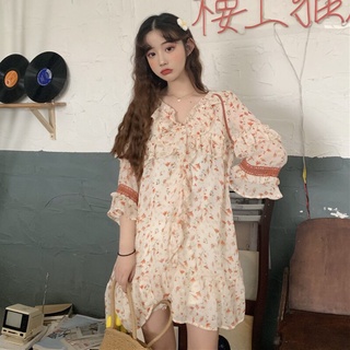 Vestido Floral de lolita con cuello en V para mujer, ropa de gasa de manga corta con volantes, holgada y adelgazante, moda Coreana de verano