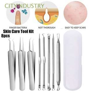 CITYINDUSTRY Professional Face Care Tool With Bag Pimple Removing Skin Care Tool Kit Portable Facial Pore Cleaner Stainless Steel Acne Pimple Extractor Makeup Tool Curved Blackhead Removing/Multicolor