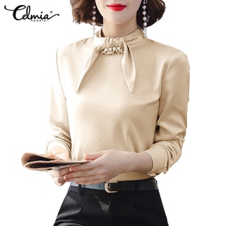 CELMIA Womens Autumn Long Sleeve Silk With Tie High Collar Casual Elegant Blouse
