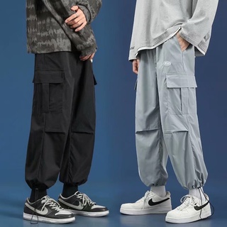 Summer thin Breathable Functional overalls Korean multi-pocket cargo pants men causal Loose elastic waist drawstring trousers