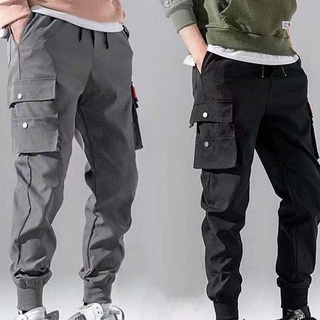 fanghuay hombres pantalones Multi bolsillos elástico cintura mezcla de algodón tobillo atado deportes Jogging pantalones para deportes