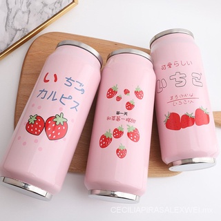 500ml Cartoon Strawberry Cans Water Bottle for Girls Portable Stainless Steel Thermos Bottle Creativity Insulated Cup With Straw 7mSF
