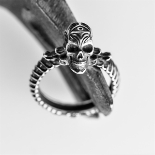 European and American new style simple personality silver striped ghost head men's ring