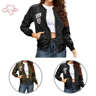 pantherpink Women Autumn Winter Long Sleeve Badge Varsity Jacket Zip Pockets Coat Outerwear (1)