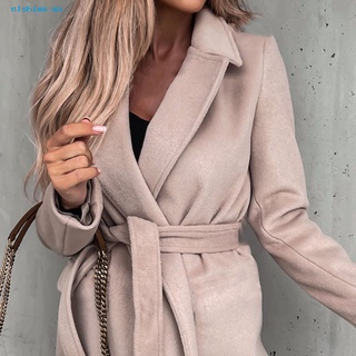 nlshime mujer abrigo oversize color sólido dobladillo dividido abrigo con cordones para oficina (8)