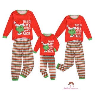 Xzq7-navidad padre-hijo pijamas de la familia, dibujos animados y letras de impresión de manga larga cuello redondo camiseta + bloque de Color pantalones de rayas