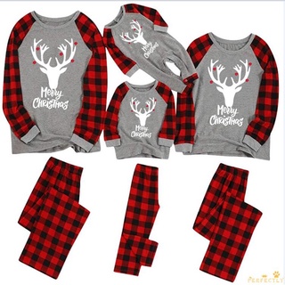 Pft7-matching pijamas de navidad familiar, Casual de manga larga de ciervo impresión Tops + pantalones cuadros conjunto