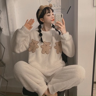 Pijamas de invierno de las mujeres de estilo coreano de lana de Coral lindo de dibujos animados de felpa otoño e invierno engrosado de franela ropa de hogar traje