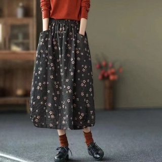 Algodón retro falda floral media longitud 2021 nuevo estilo étnico suelto y delgado flor bud falda