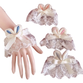 augetyi8bo Sweet Lolita Girl Lace Wrist Cuffs Cute Plush Bunny Ears Bow Cosplay Hand Sleeve (7)
